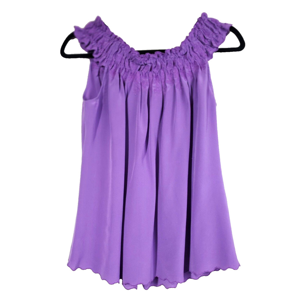 Tahari Womens XS 100% Silk Top Purple Embroidered Gathered Neckline Pleated Back